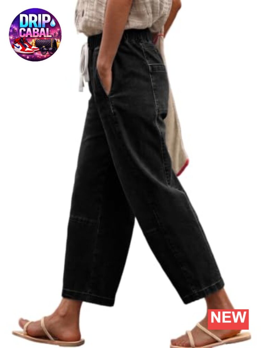 Cotton Blend Wide Leg High Rise Drawstring Elastic Waist Baggy Jeans